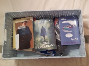 My poor books are sitting in a laundry basket. Someone come put my new IKEA bookshelves together, please!